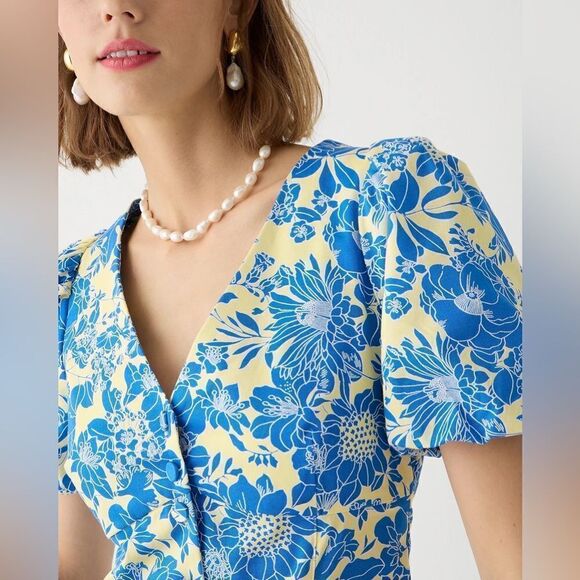 J Crew Button Front Puff Sleeve Blue Floral Twill Mini Dress NWT - Picture 3 of 9